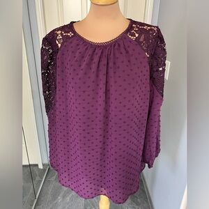 Remi James Plum Swiss Dot Lace Embellished Blouse